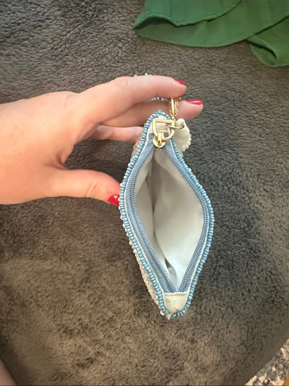 Beaded Floral Card Holder Keychain - Cream & Light Blue